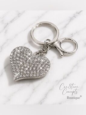 Rhinestone Heart Bling Bag/Keychain Silver Crystal, Sparkly Key Ring Accessory